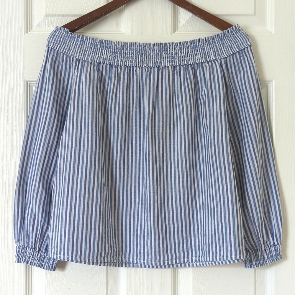 Rag & Bone Drew Striped Cotton Relaxed Off The Shoulder Long Sleeve Top Blue S